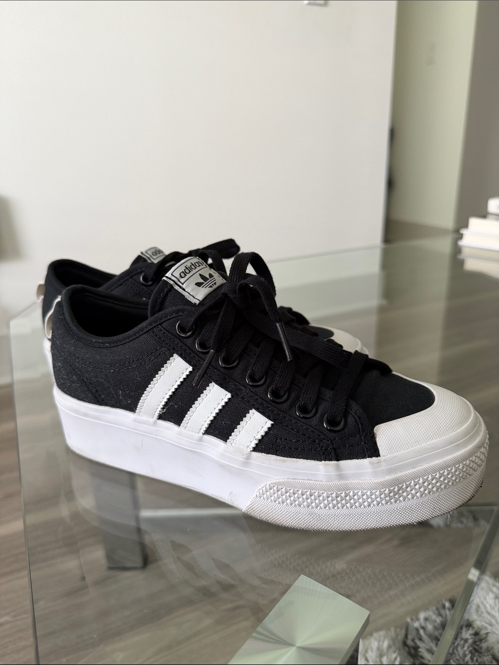adidas Black Canvas Platform Sneakers with White Stripes
